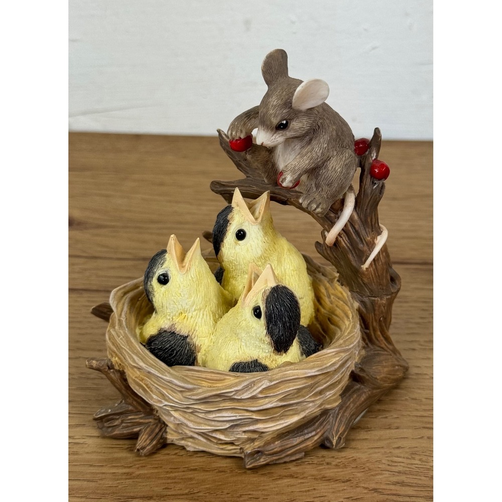 Silvestri Mouse and Baby Birds in Nest Figurine Brown Yellow Rustic Decor